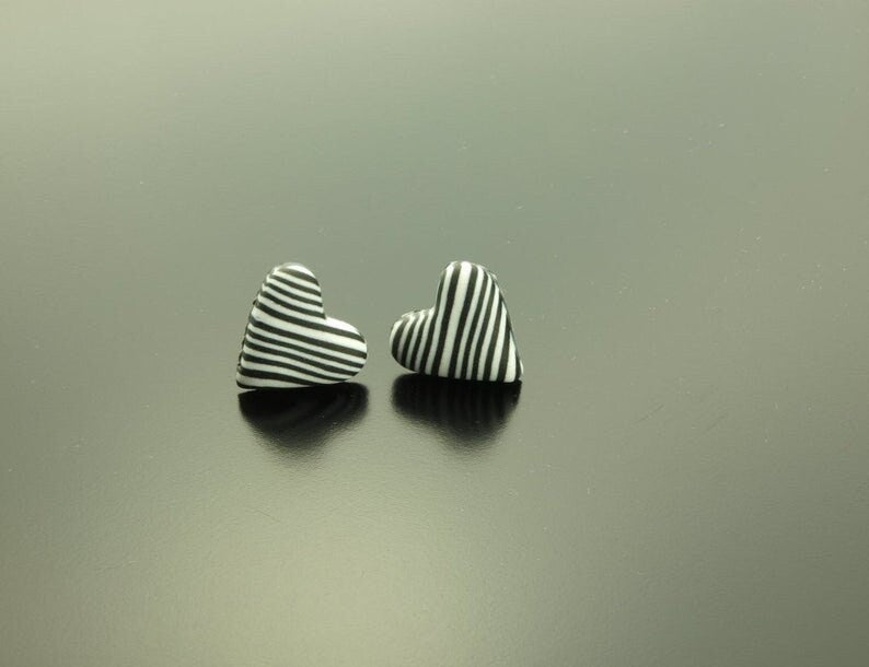 Ohrstecker nach Wahl aus Polymer Clay Retro schwarz weiß Streifen Kreise Punkte Blume oval rund Herz Stern Pik Muster Ohrringe Fimo