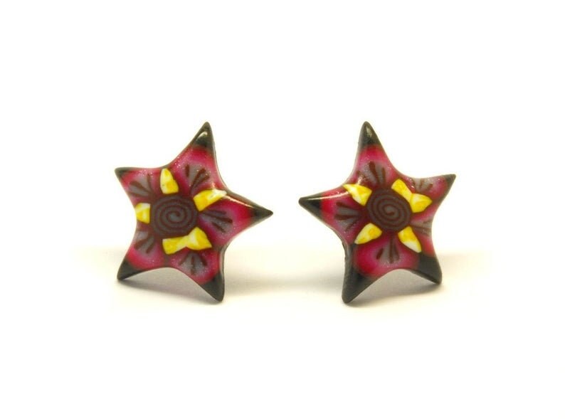 Ohrstecker nach Wahl aus Polmer Clay Fimo Sterne schwarz weiß braun rot blau gelb Stars Ohrringe Juvelato Stecker