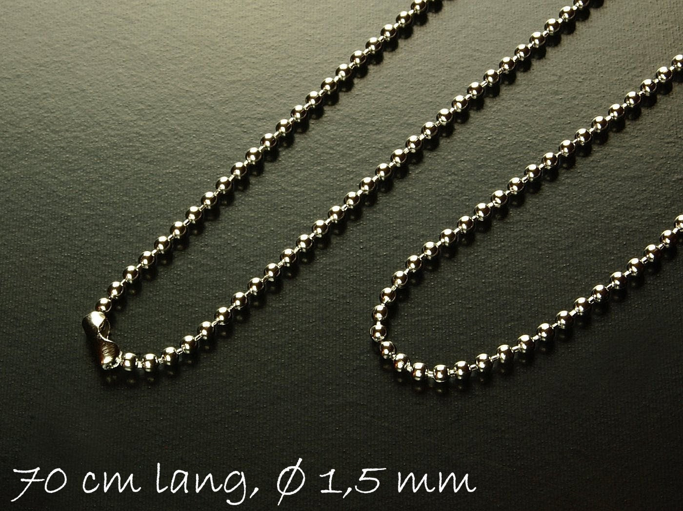 1 Stück Fertige Kugelkette mit Verschluss Edelstahl, silber, 70 cm lang, Ø 1,5 mm