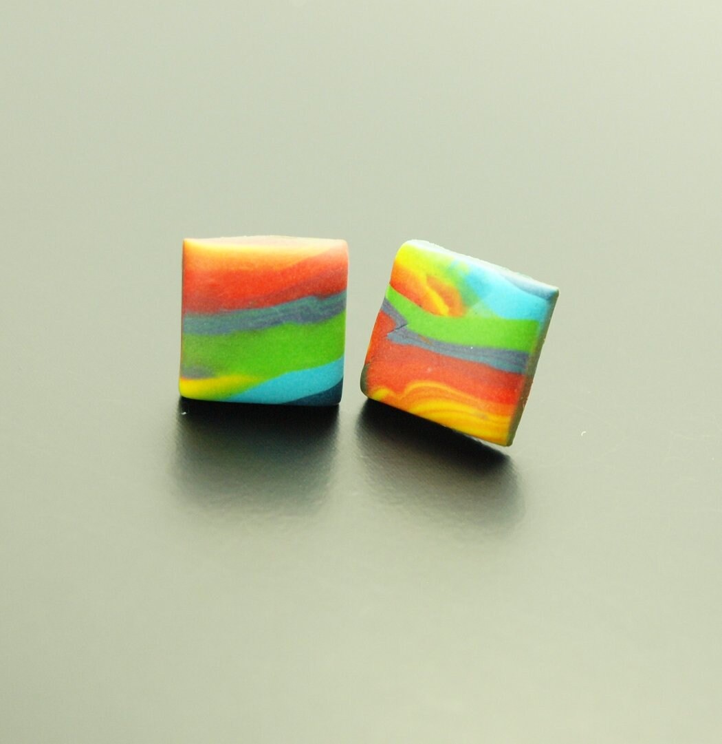 Ohrstecker nach Wahl Viereck retro Muster Regenbogen bunt Streifen Polymer Clay Fimo Ohrringe Stecker
