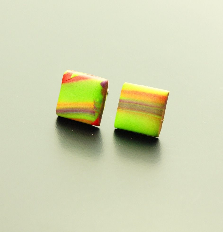 Ohrstecker nach Wahl Viereck retro Muster Regenbogen bunt Streifen Polymer Clay Fimo Ohrringe Stecker