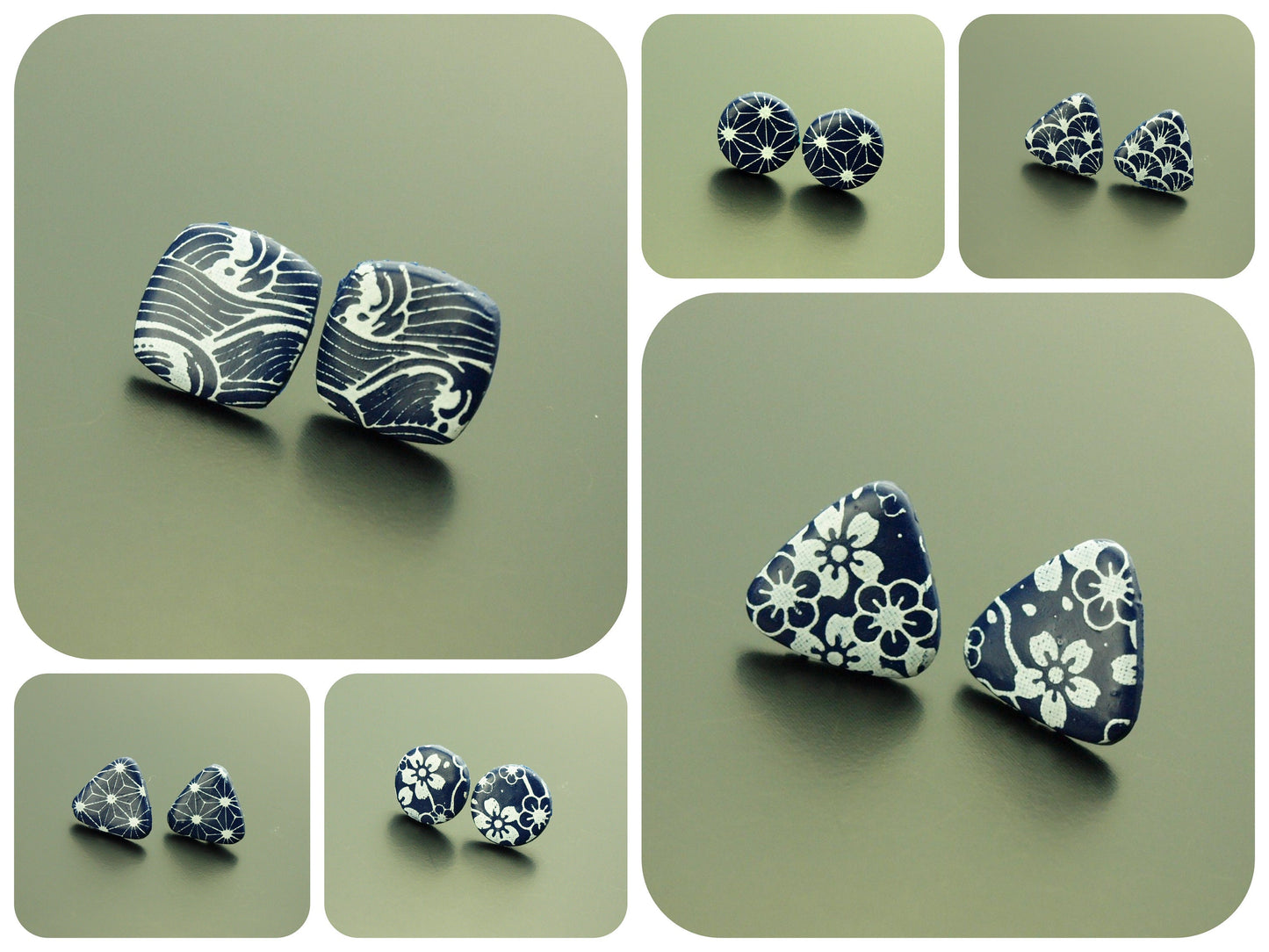 Ohrstecker nach Wahl Viereck Dreieck rund retro Muster Blumen Blüten Linien weiß blau Polymer Clay Fimo Ohrringe Stecker