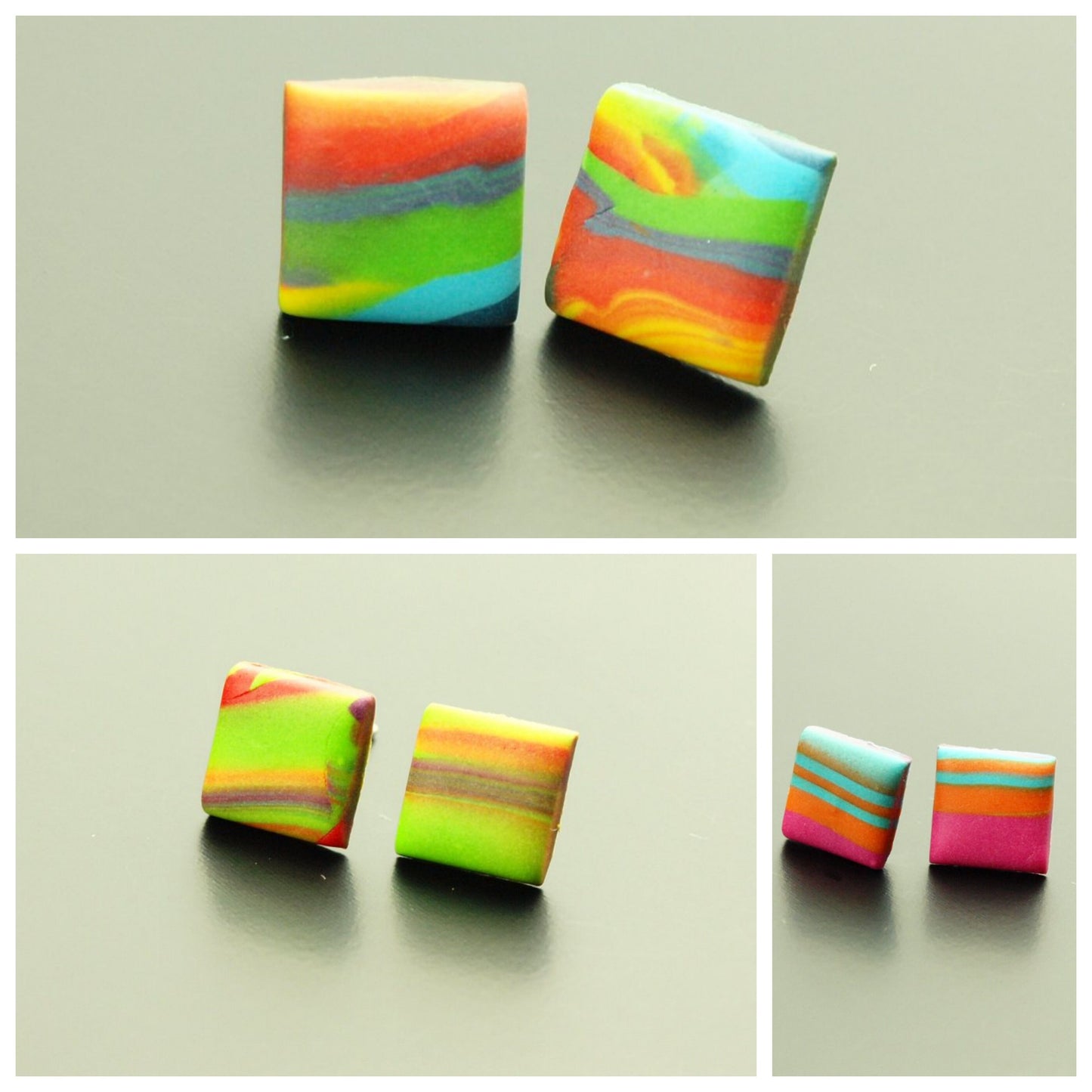 Ohrstecker nach Wahl Viereck retro Muster Regenbogen bunt Streifen Polymer Clay Fimo Ohrringe Stecker