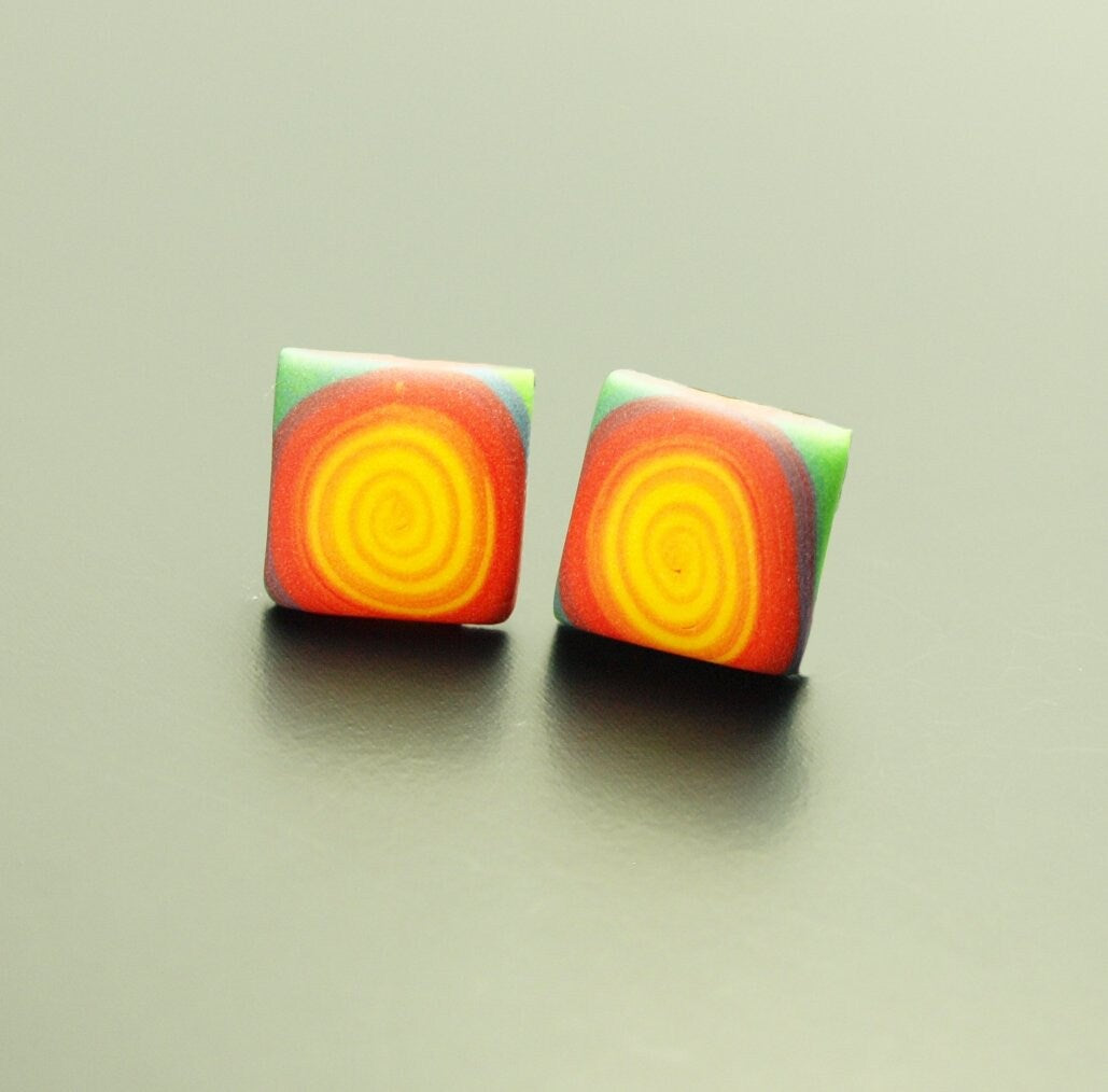Ohrstecker nach Wahl Viereck retro Muster Regenbogen bunt Streifen Polymer Clay Fimo Ohrringe Stecker