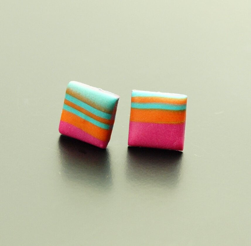 Ohrstecker nach Wahl Viereck retro Muster Regenbogen bunt Streifen Polymer Clay Fimo Ohrringe Stecker