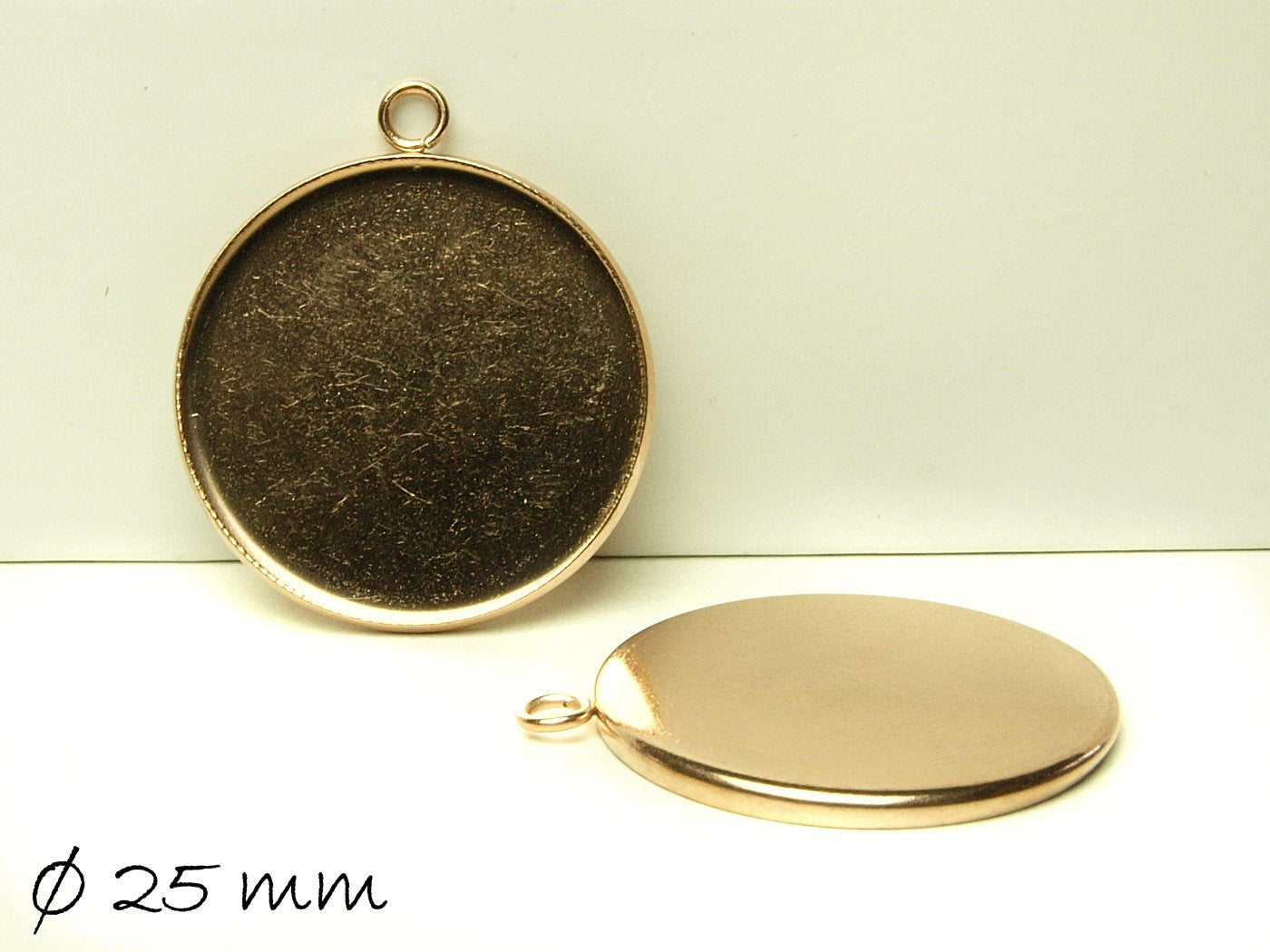 2 Stück Anhänger mit Fassung für Cabochons, Edelstahl, Rosegold, 25 mm