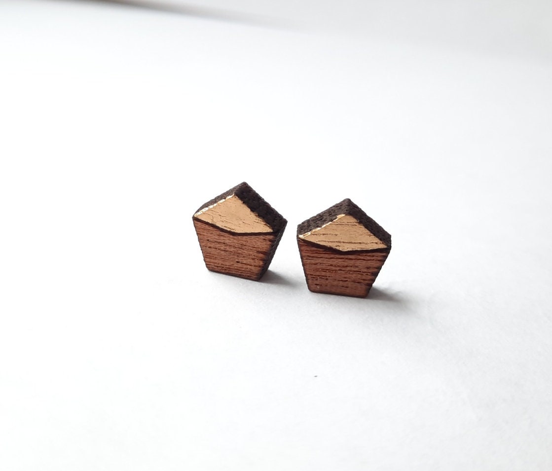 Ohrstecker nach Wahl Fünfeck Sechseck Pentagon Hexagon Wabe geometrisch gold Holz Ohrringe Stecker