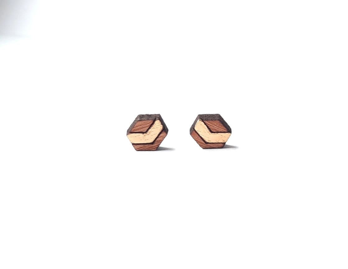 Ohrstecker nach Wahl Fünfeck Sechseck Pentagon Hexagon Wabe geometrisch gold Holz Ohrringe Stecker