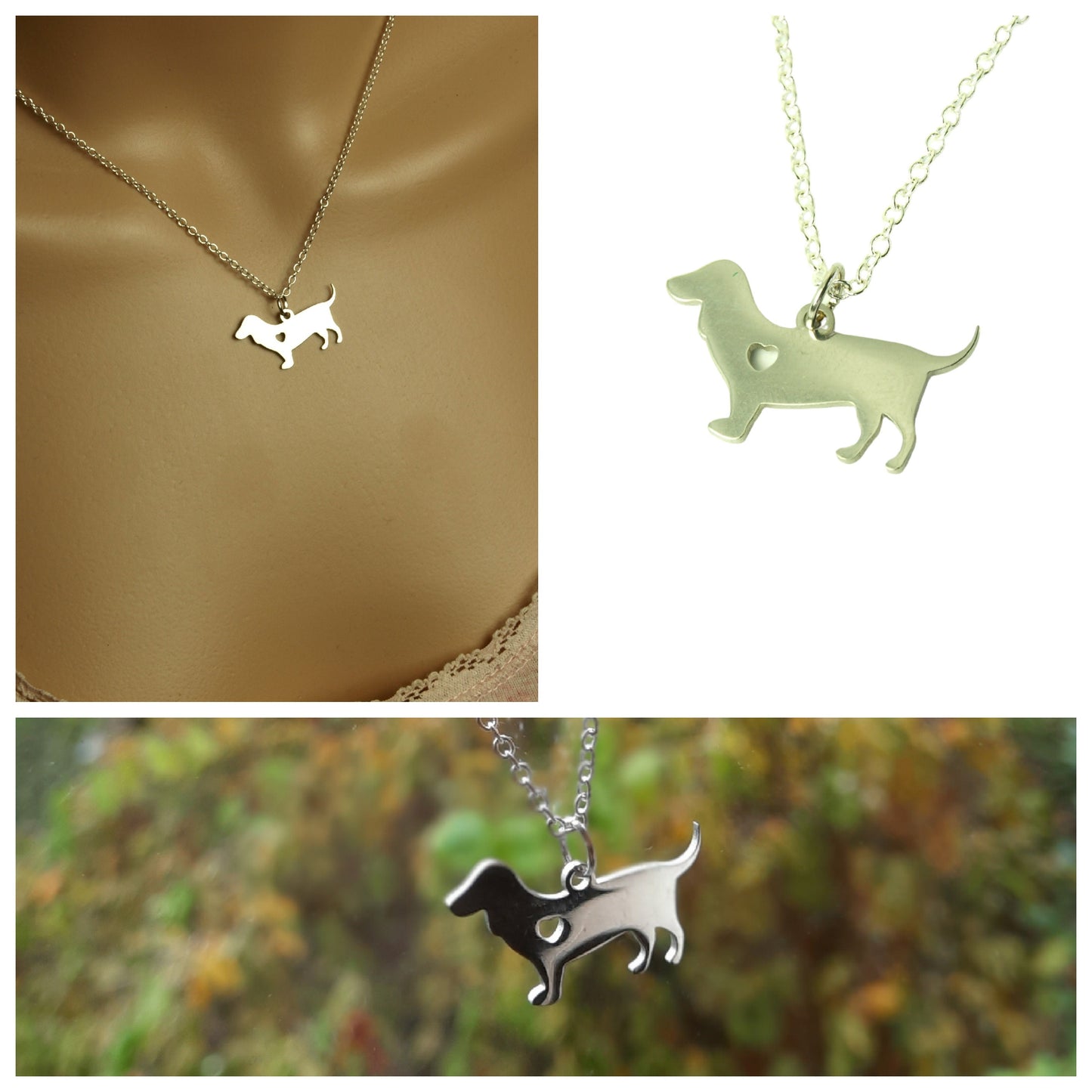 Kette Dackel mit Herz Liebe Anhänger Edelstahl silbern Hund