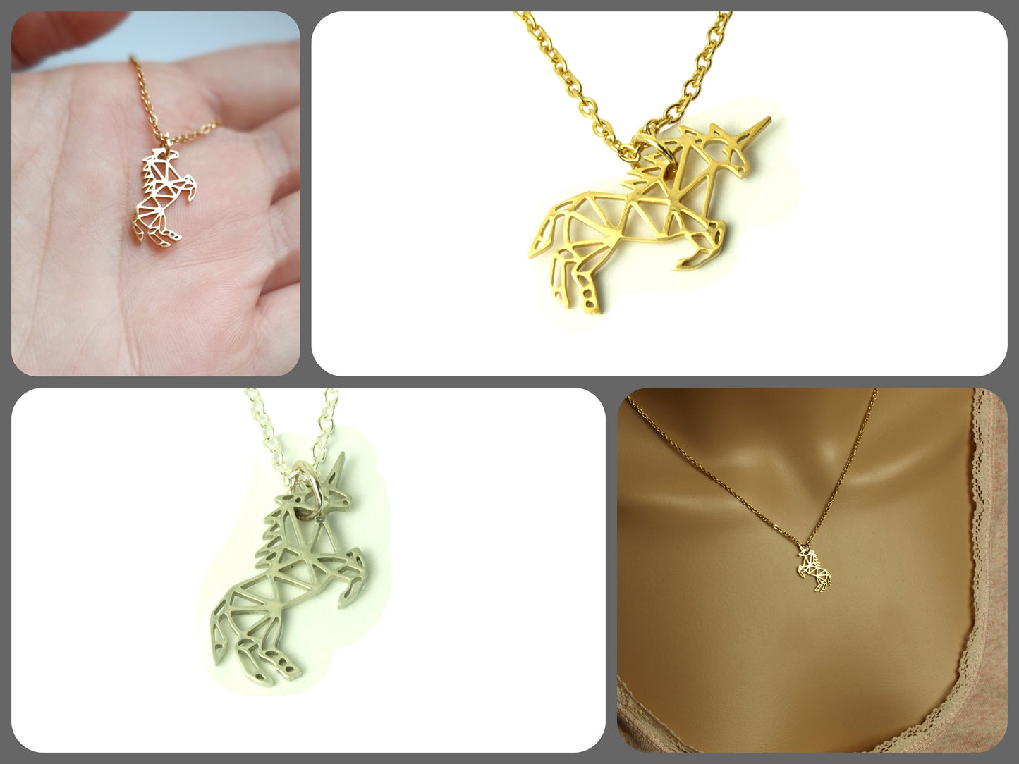 Kette Einhorn Anhänger Edelstahl Origami Pferd Farbe nach Wahl golden silbern