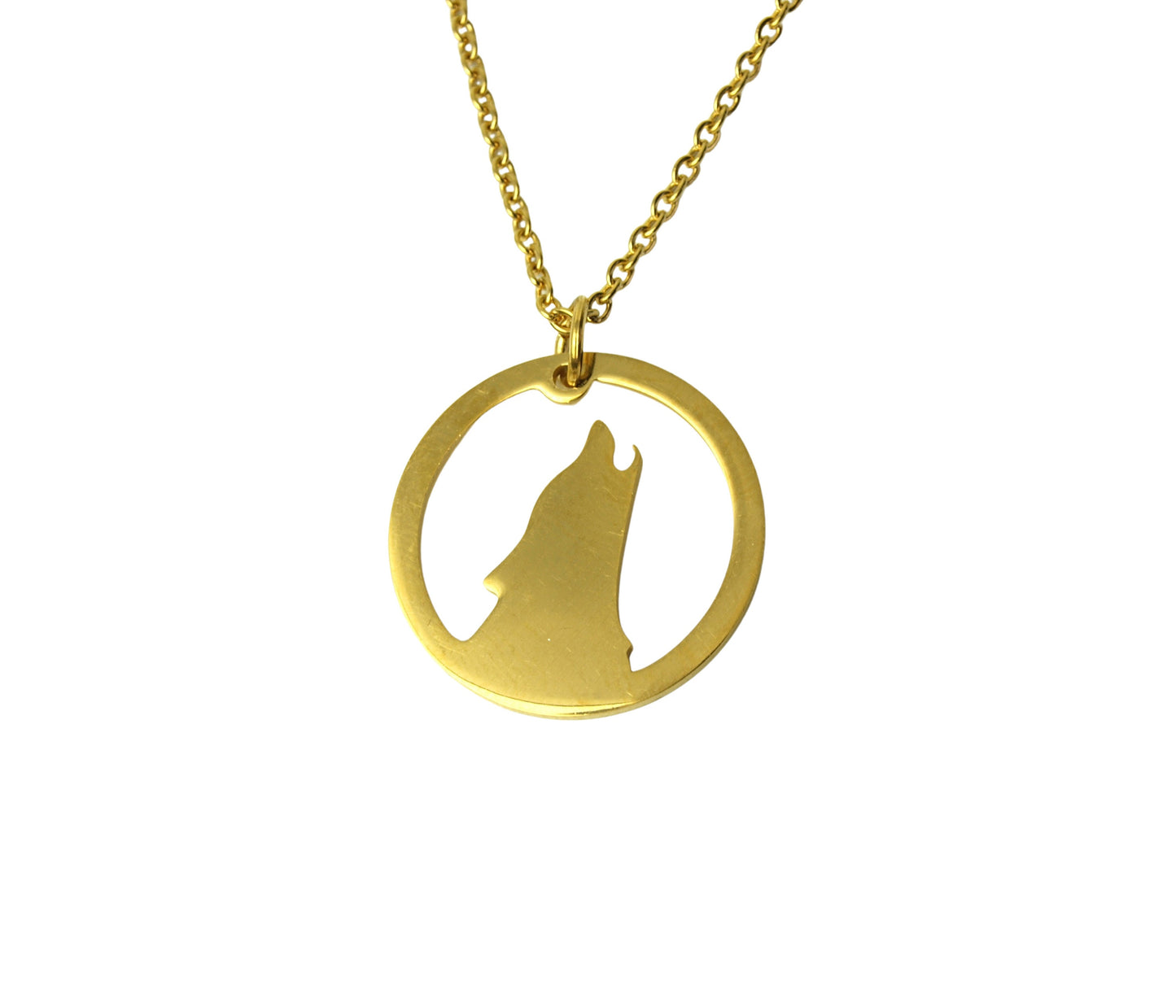 Kette Wolf Mond heulen Kreis Scheibe rund Edelstahl Anhänger Farbe nach Wahl silbern golden