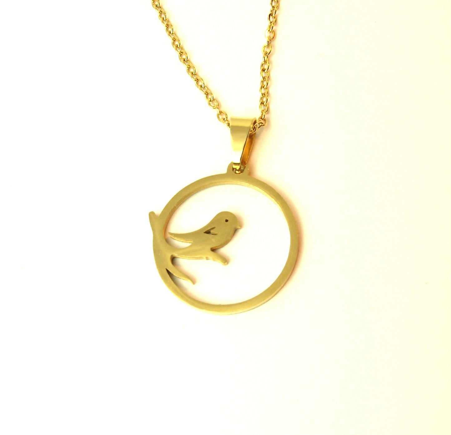 Kette Vogel auf Zweig Ast Baum Spatz Kreis rund Edelstahl Anhänger golden