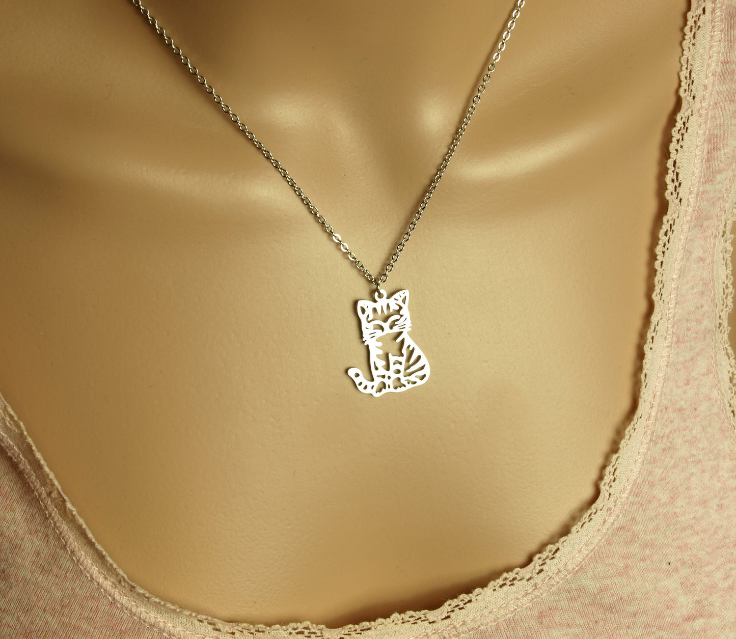 Kette Katze verziert Kawaii Edelstahl Anhänger silbern