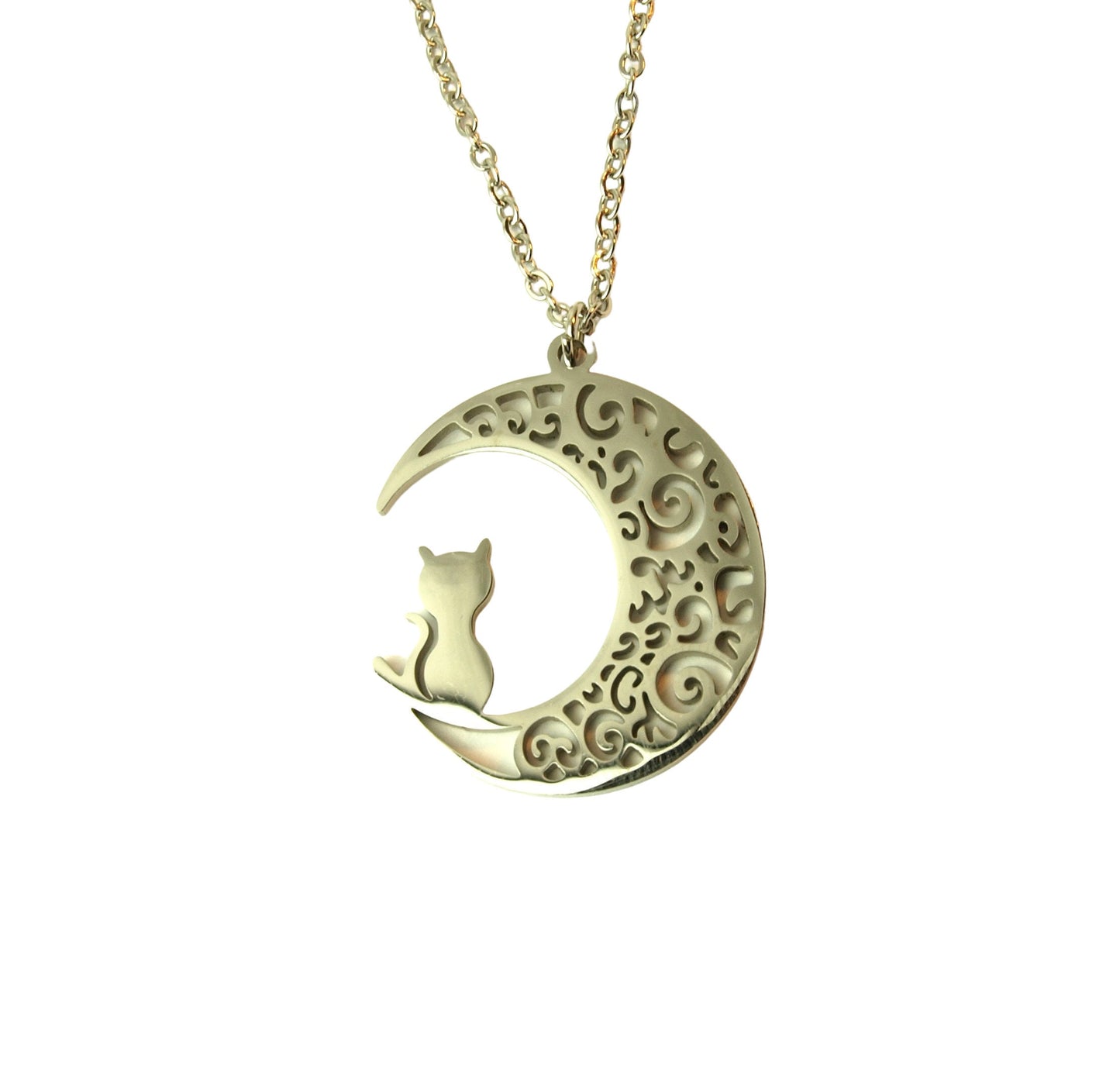 Kette Katze auf Mond Nacht Himmel verziert Ornamente Orient sitzen Edelstahl Anhänger silbern