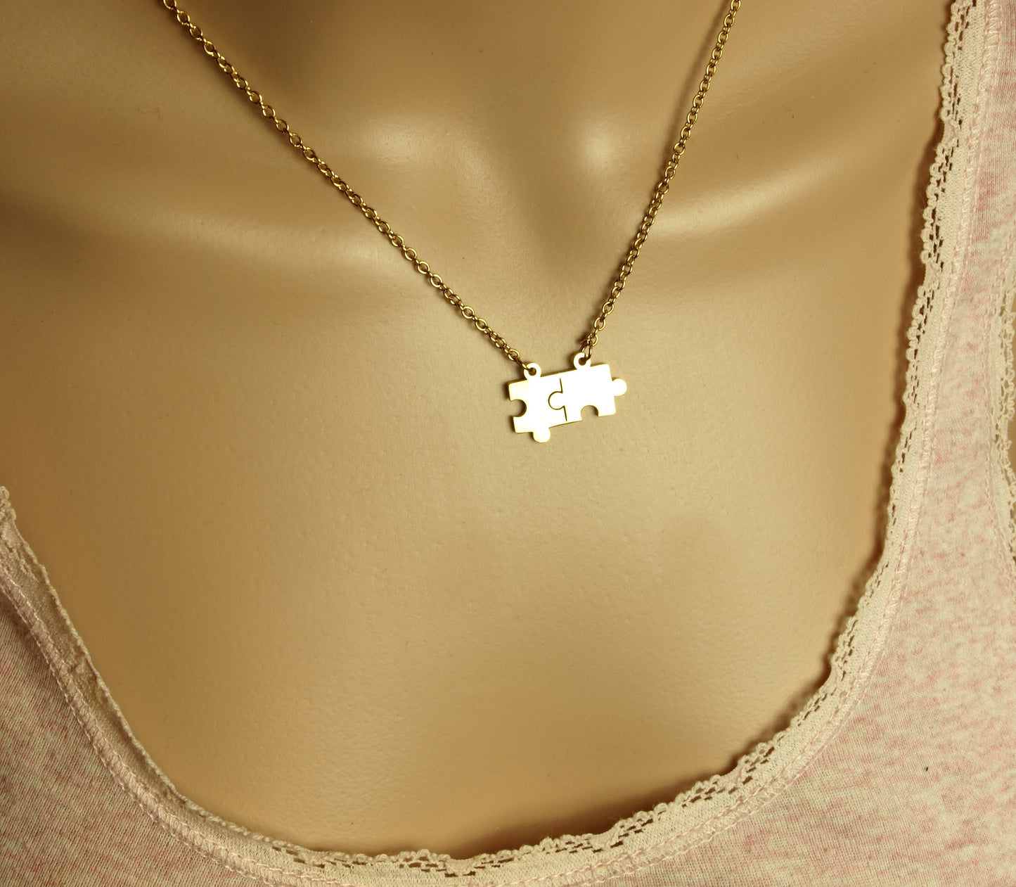 Kette 2 Puzzle Teile Spiel Liebe Freundschaft Edelstahl Anhänger golden