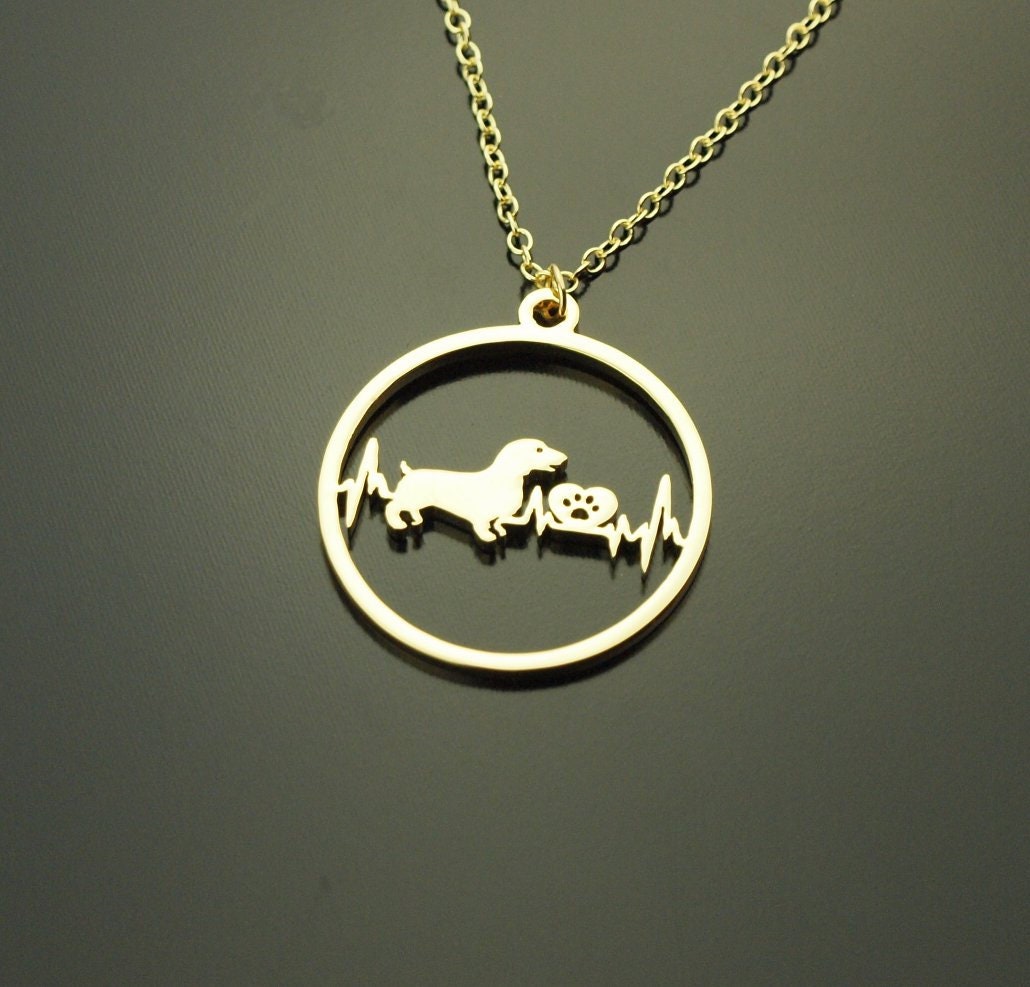 Kette Dackel Hund Herzschlag Puls Herz Pfote Tatze Liebe Freundschaft Anhänger rund Kreis Farbe nach Wahl silbern golden rosegolden