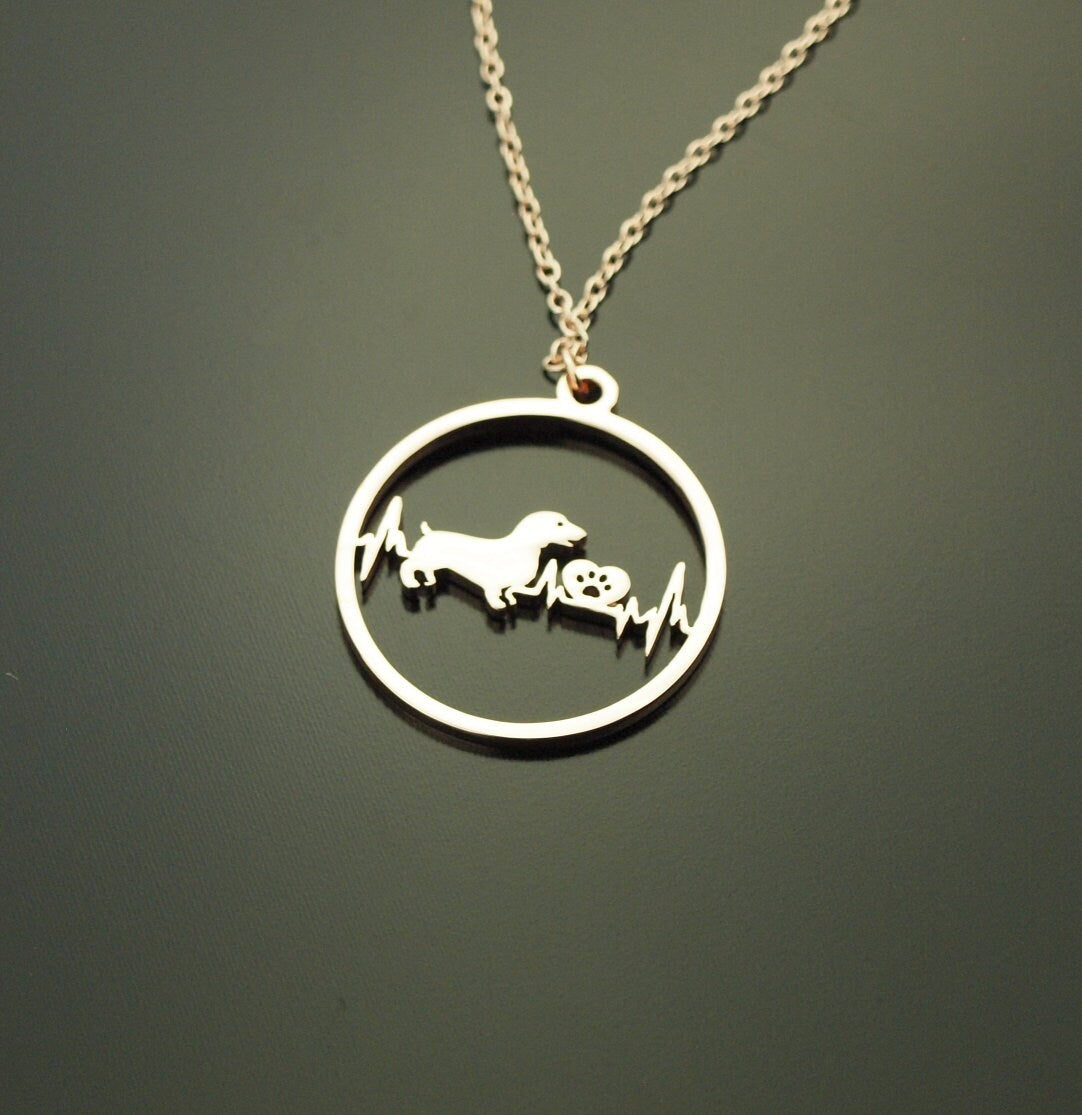 Kette Dackel Hund Herzschlag Puls Herz Pfote Tatze Liebe Freundschaft Anhänger rund Kreis Farbe nach Wahl silbern golden rosegolden