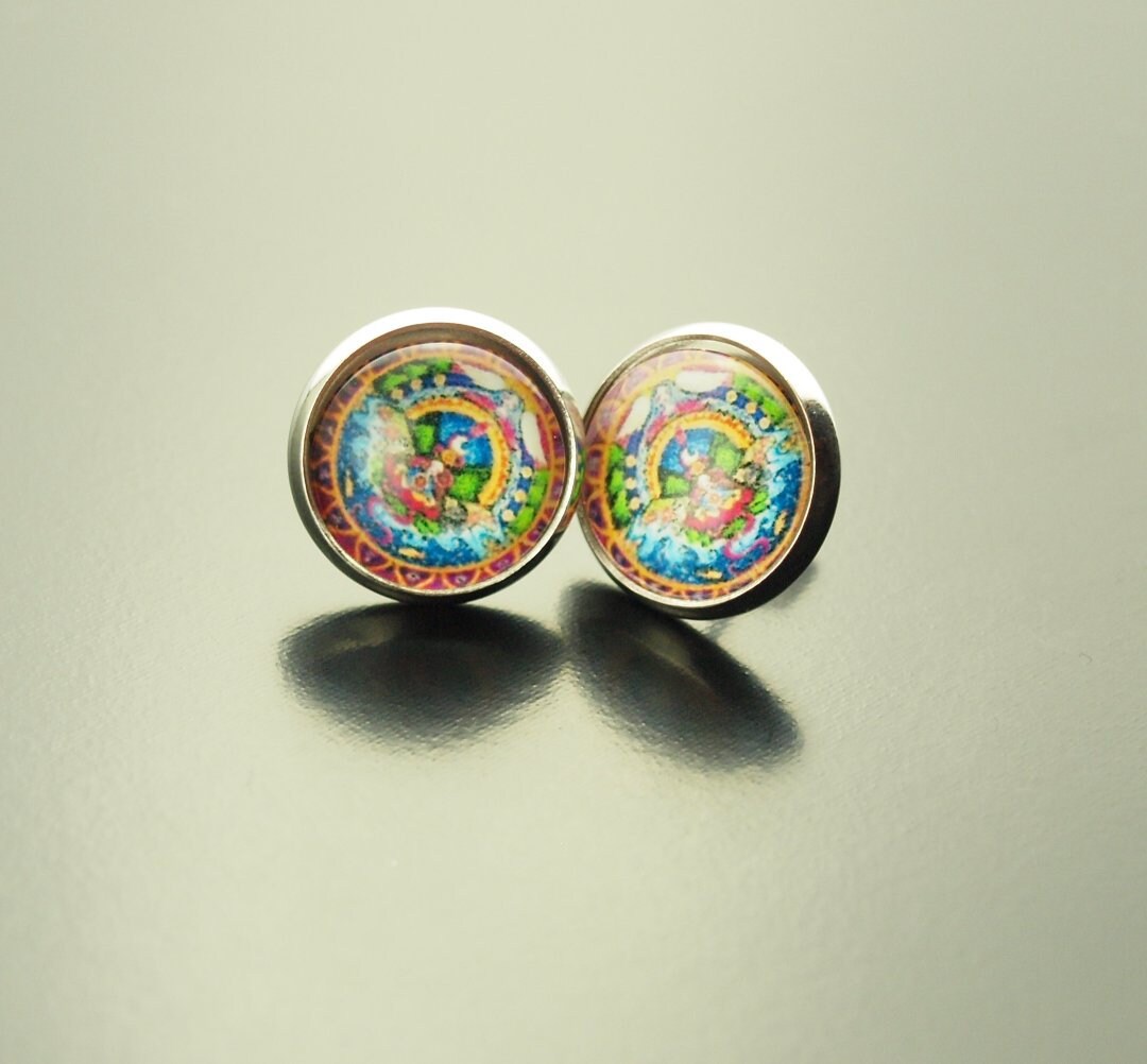 Ohrringe nach Wahl Mandala Muster bunt farbig Glas Papier Cabochon als Ohrstecker / Ohrhänger in silber / bronze / golden / rosé golden