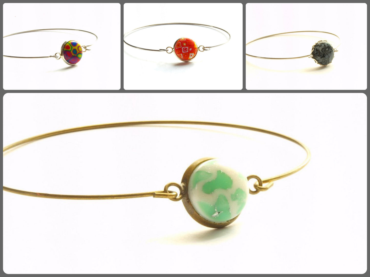 Armreif Cabochon retro Muster Hippie bunt Polymer Clay silbern bronze golden Armband weiß blau lila grün schwarz rot