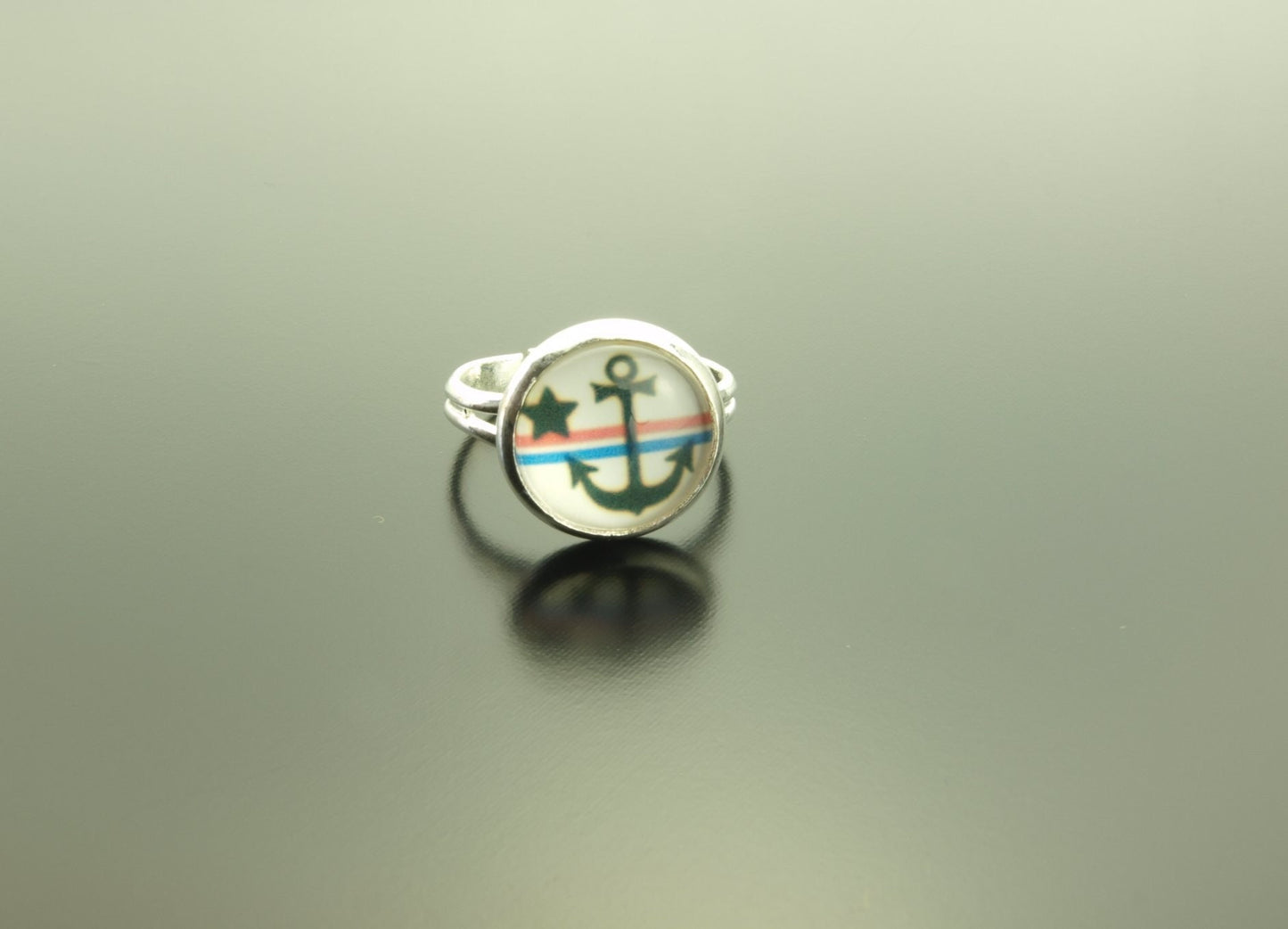 Ring Cabochon Glas Anker bronze silbern vintage blau weiß bunt Muster nach Wahl maritim Meer Boot See Strand