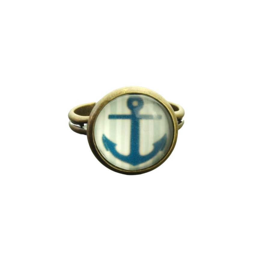 Ring Cabochon Glas Anker bronze silbern vintage blau weiß bunt Muster nach Wahl maritim Meer Boot See Strand