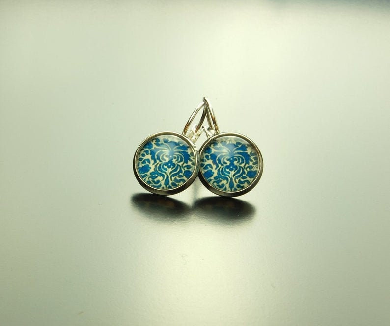 Ohrring Cabochon Glas blau weiß retro Motiv nach Wahl golden silbern bronze Ohrstecker Ohrhänger