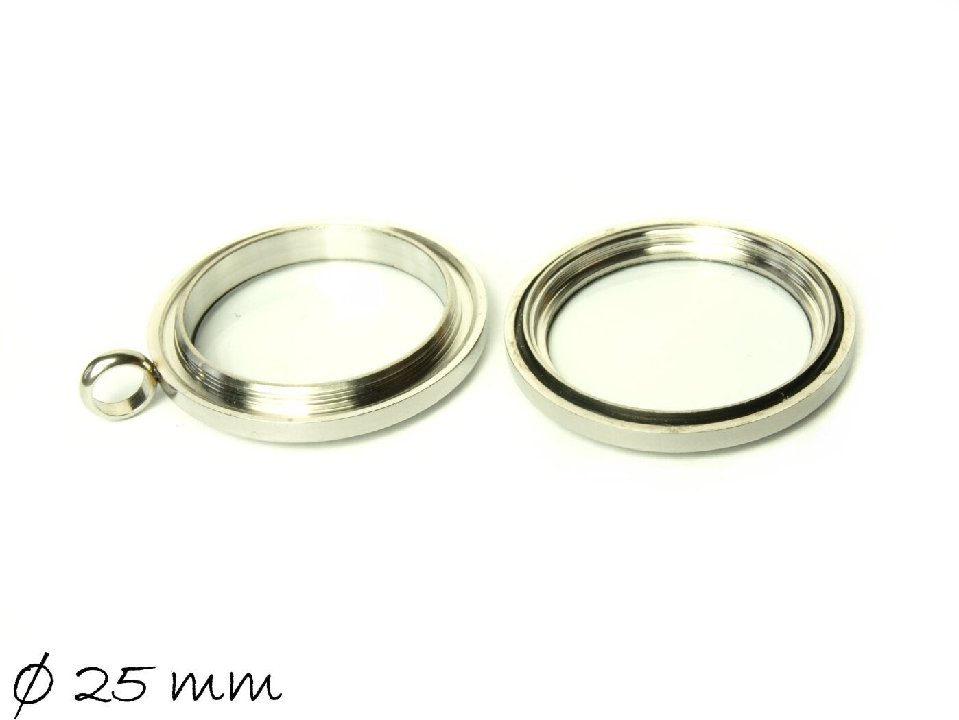 Schraub-Medaillon silber Glas Edelstahl, Glasdurchmesser 25 mm
