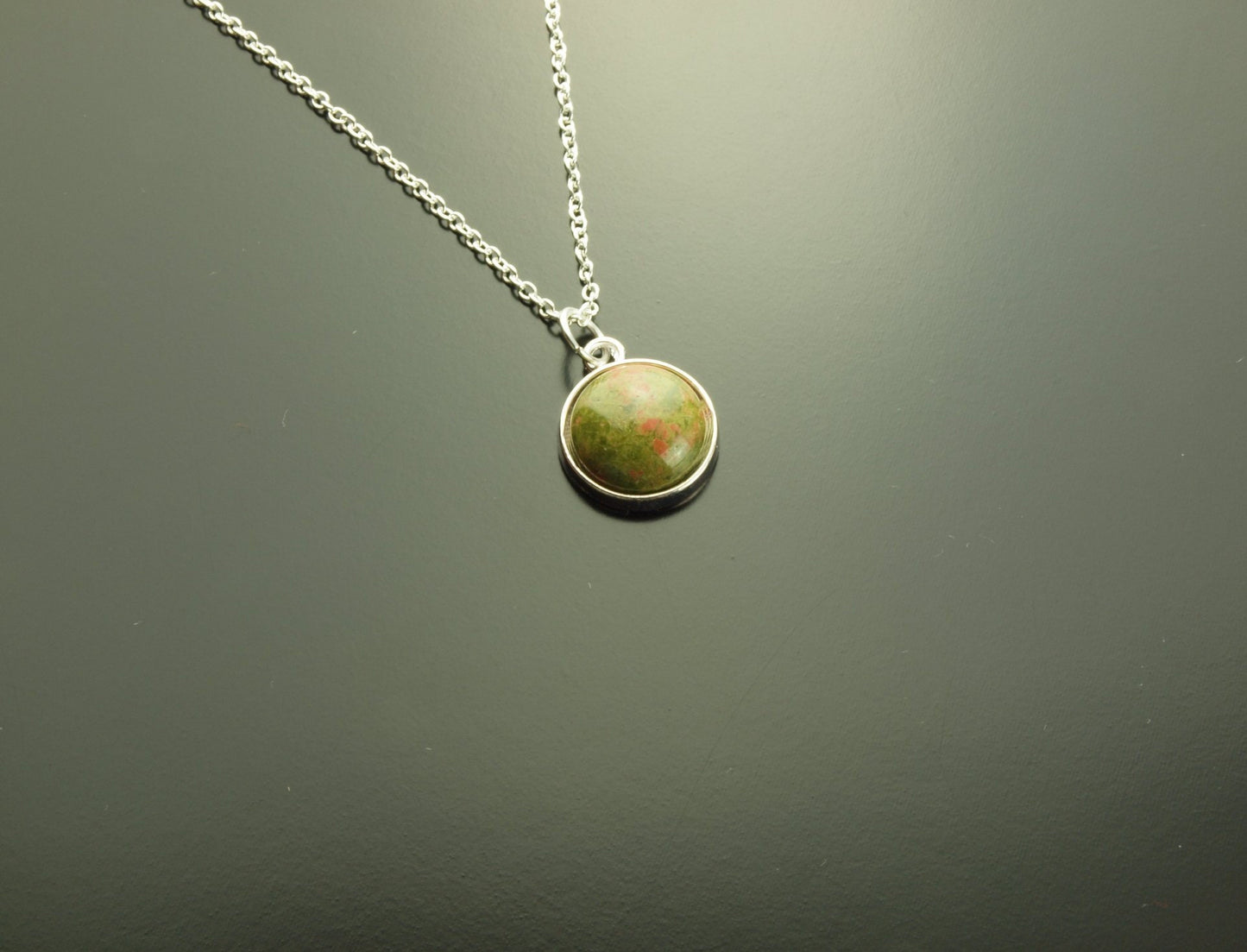 Kette grüner Unakite Edelstein Cabochon Anhänger silbern golden bronze