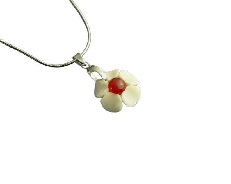Kette Blüte Anhänger aus Hirschknochen Achat Stein rot weiß Edelstahl silbern