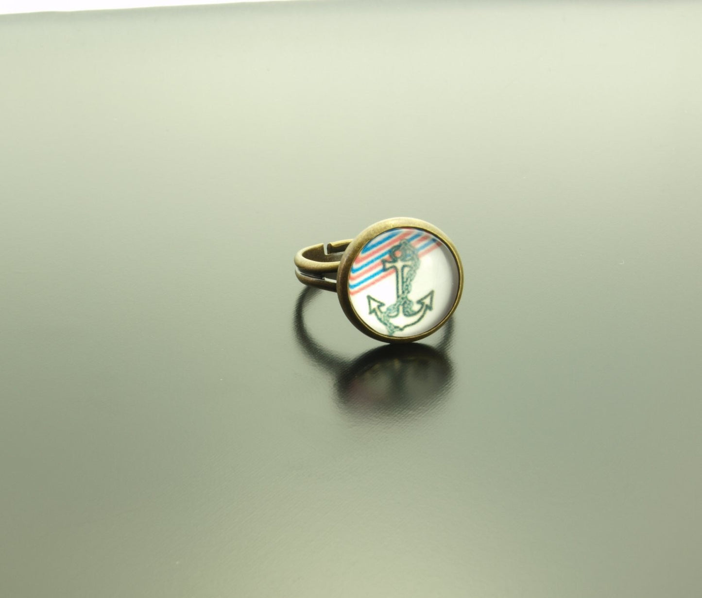 Ring Cabochon Glas Anker bronze silbern vintage blau weiß bunt Muster nach Wahl maritim Meer Boot See Strand