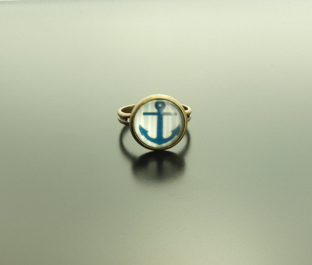 Ring Cabochon Glas Anker bronze silbern vintage blau weiß bunt Muster nach Wahl maritim Meer Boot See Strand