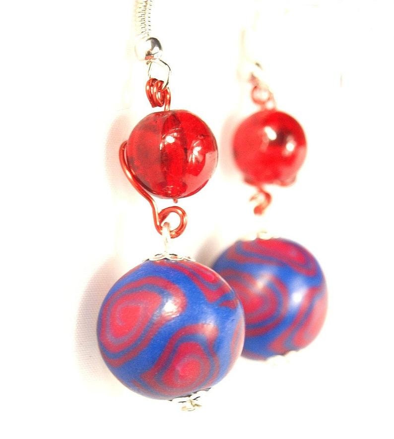 Ohrringe Fimo Perle nach Wahl Clay rot weiß gelb blau Spirale Hänger