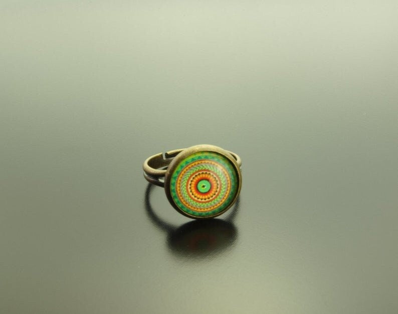 Ring Cabochon nach Wahl Glas Retro Muster vintage Mandala grün