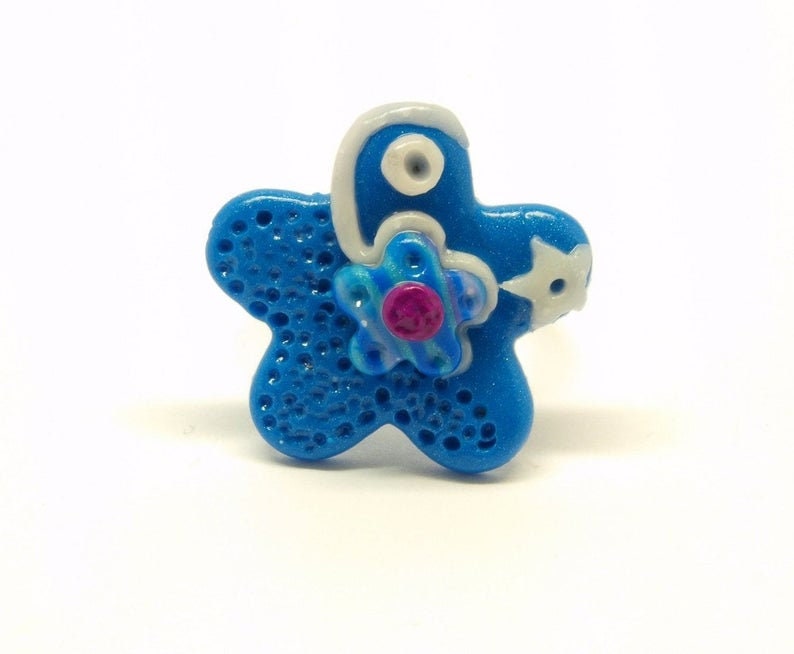 Ring nach Wahl Fimo Polymer Clay Cabochon Blume Blüte Herz blau weiß grün