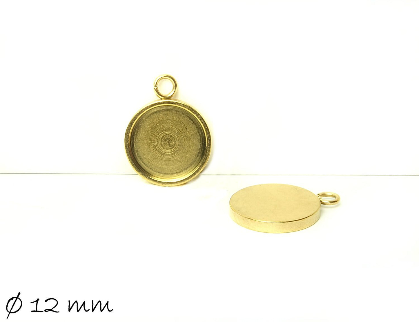 2 Stück Massive Anhänger mit Fassung für Cabochons, Edelstahl, Gold, 12 mm