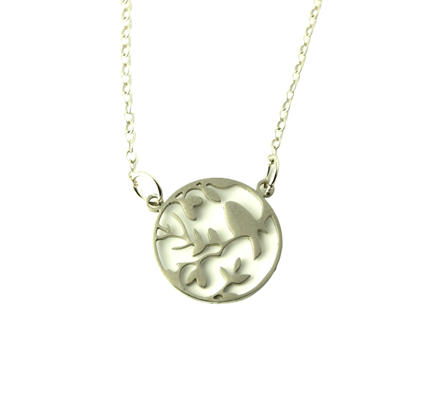 Kette Edelstahl Vogel auf Zweig Baum Anhänger rund silbern