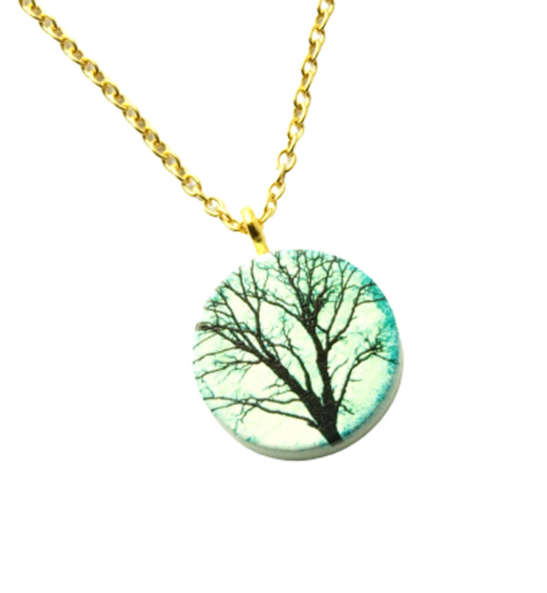 Kette Holz Baum schwarz blau Winter Anhänger Edelstahl