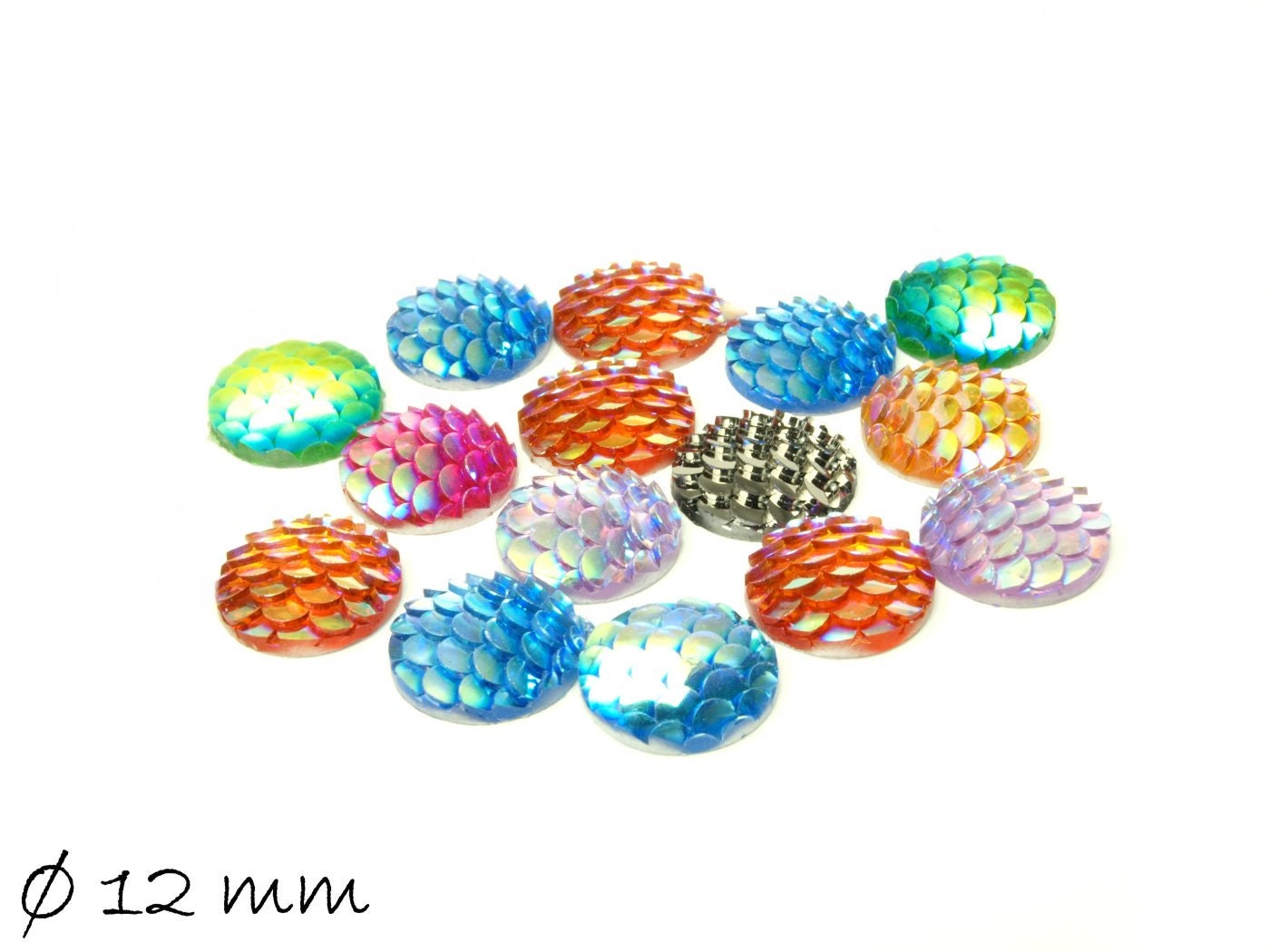 10 Stück Stück runde Resin Cabochons Fischhaut 12 mm, Farbmix