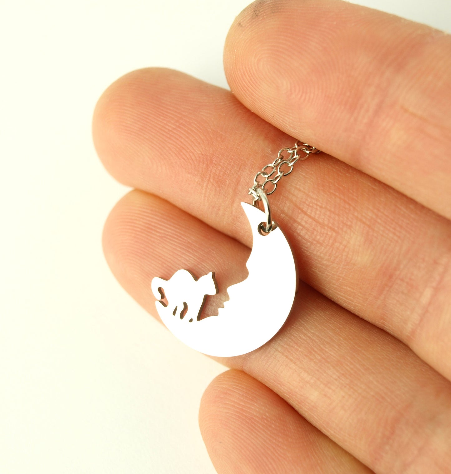 Kette Katze auf Mond Nacht Himmel Edelstahl Anhänger silbern