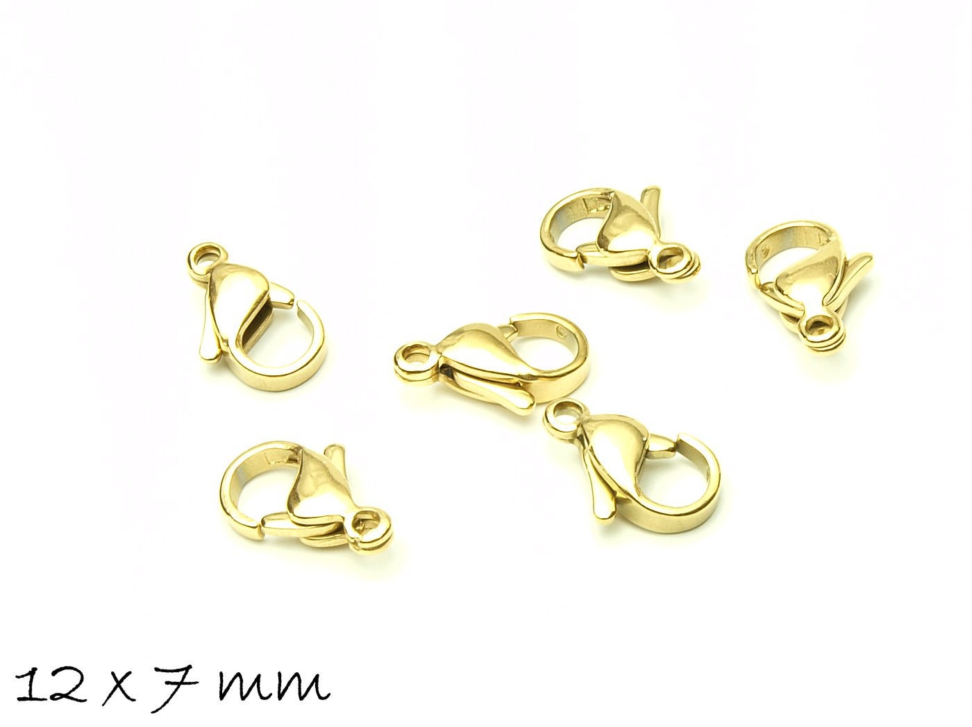 10 Stück Karabiner Verschlüsse aus Edelstahl mit 18 K Vergoldung, gold, 12 x 7 mm