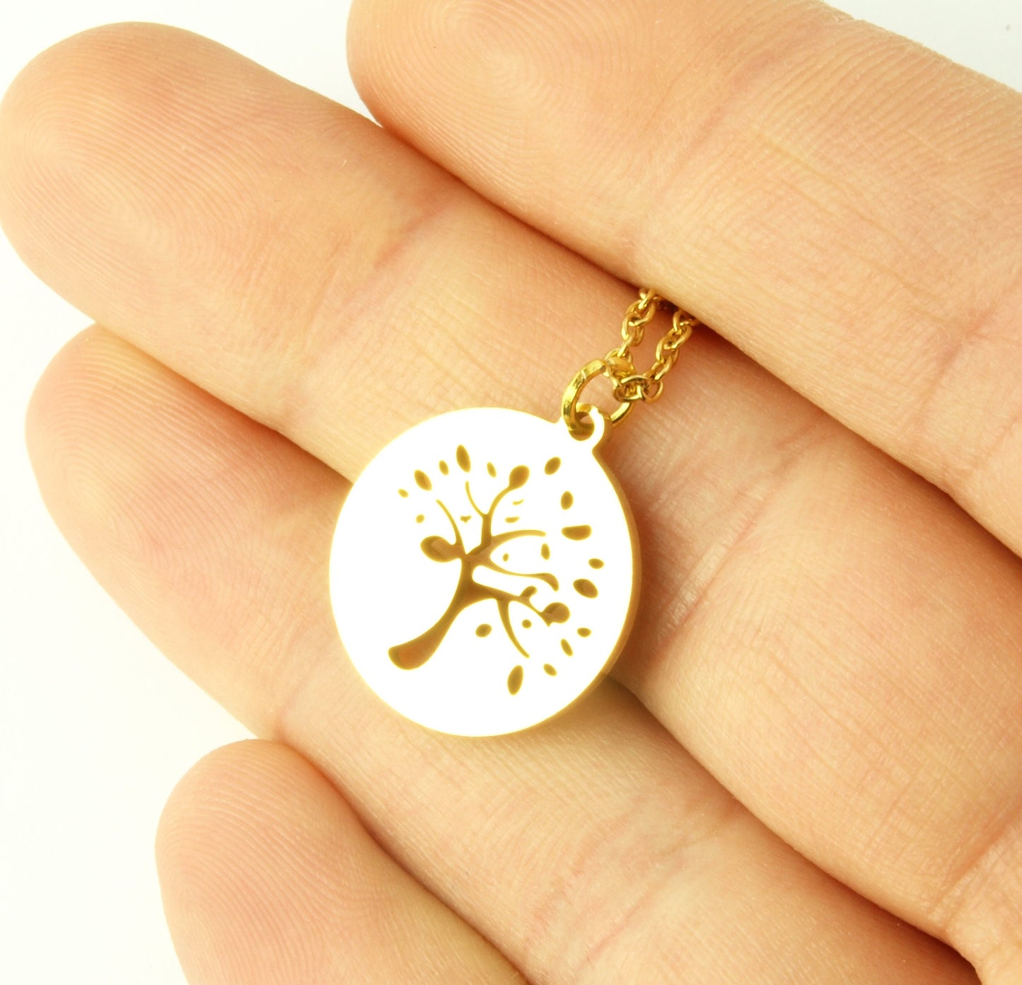 Kette Edelstahl Baum Lebensbaum Anhänger Scheibe Kreis rund Blätter Wald Natur Zweig Ast Farbe nach Wahl golden silbern