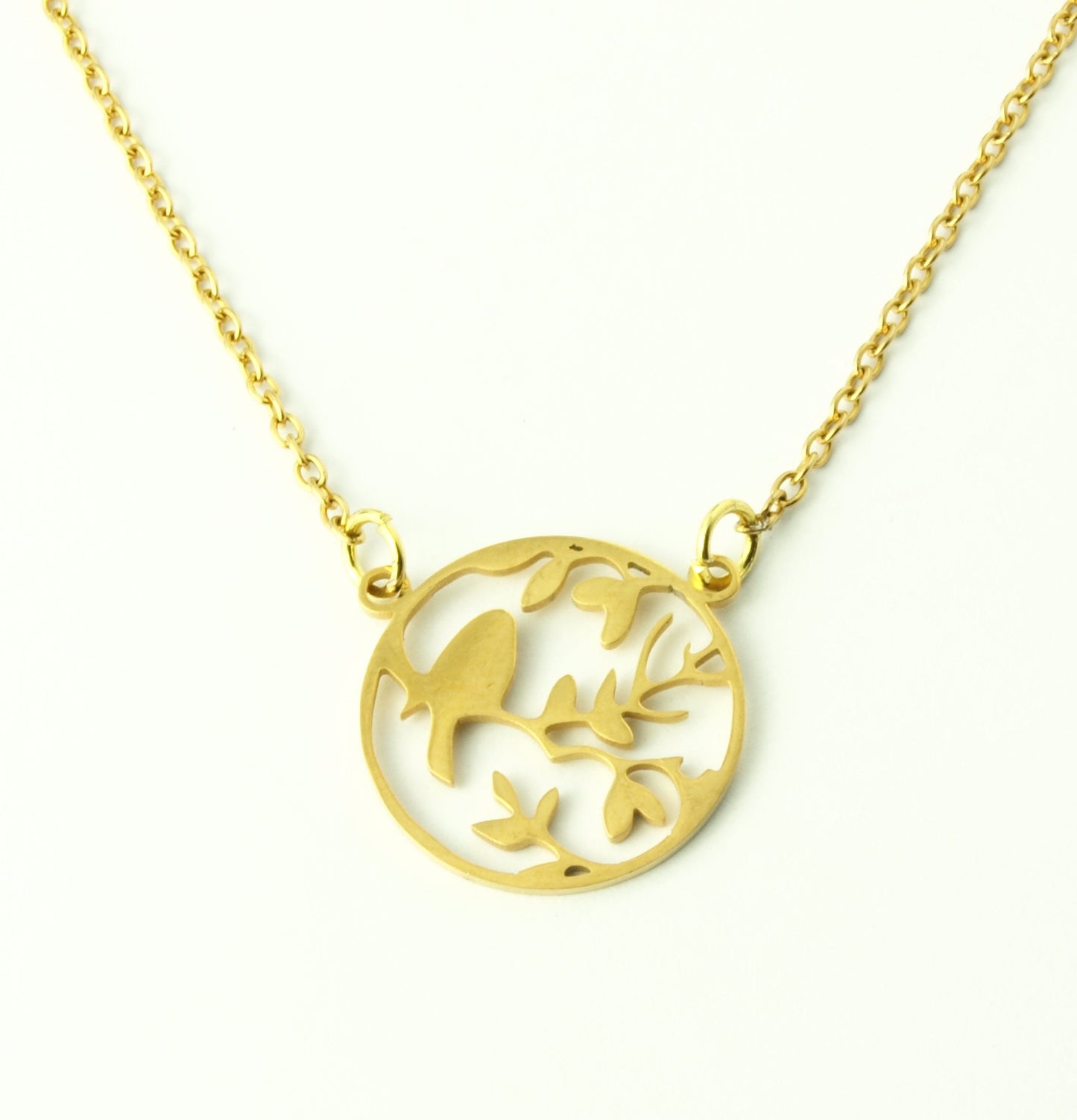 Kette Edelstahl Vogel auf Zweig Baum Anhänger rund golden