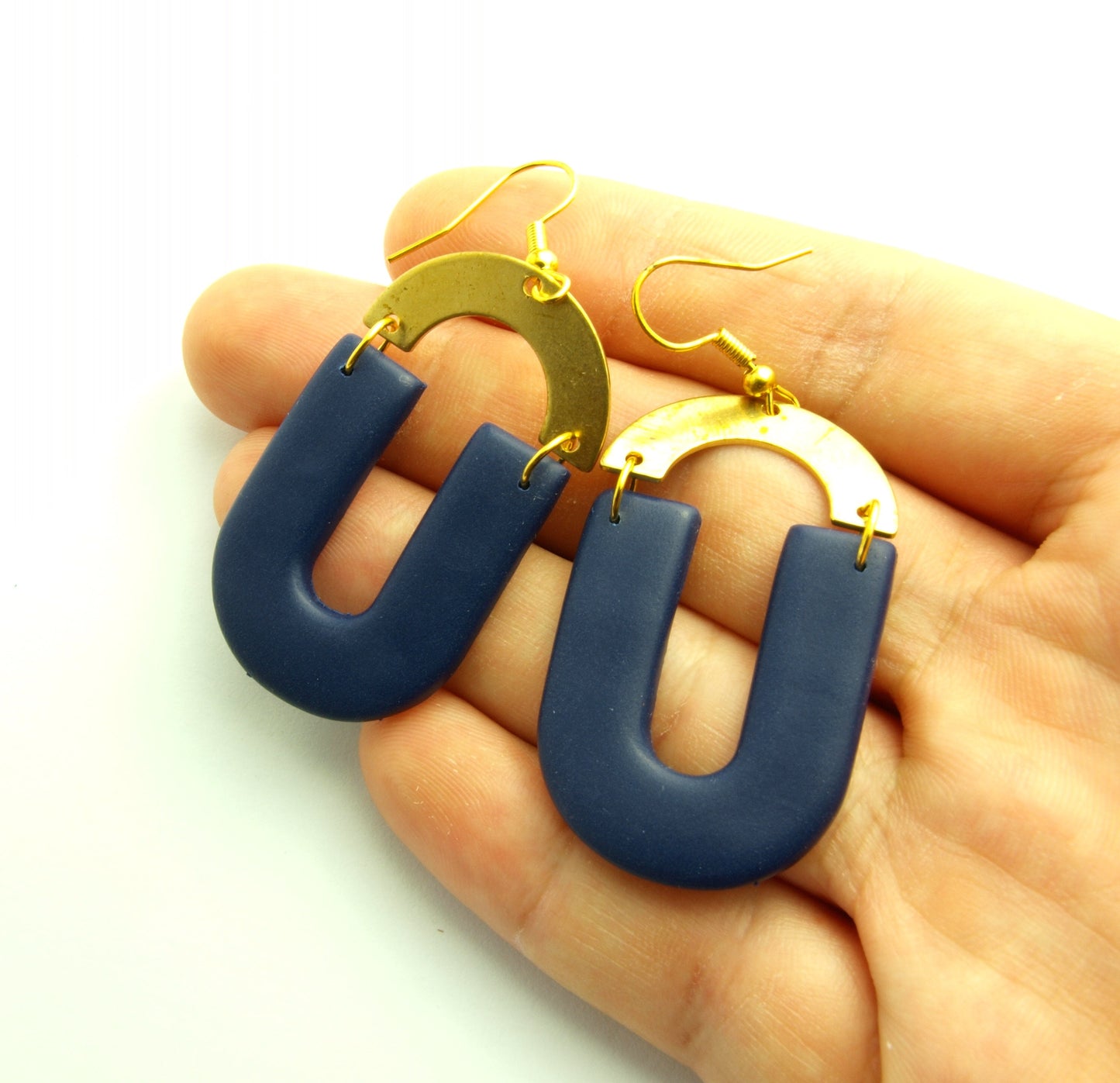 Statement Ohrringe Polymer Clay blau golden Mond Bogen Ohrhänger nach Wahl