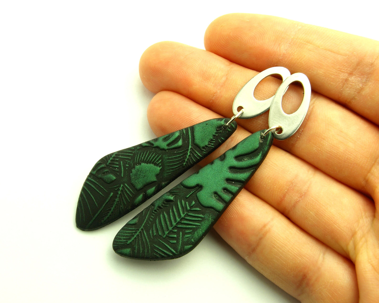 Statement Ohrringe Polymer Clay Blätter Muster grün schwarz ethno nach Wahl