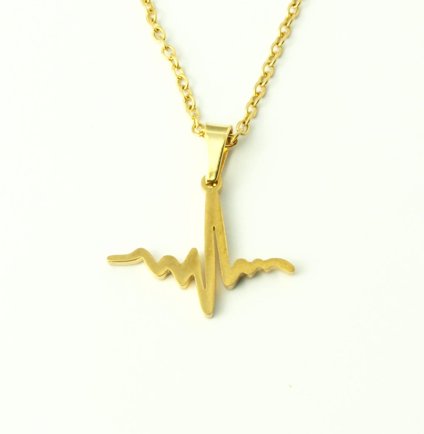 Kette Edelstahl Herzschlag Herz Puls Elektrokardiogramm Anhänger golden