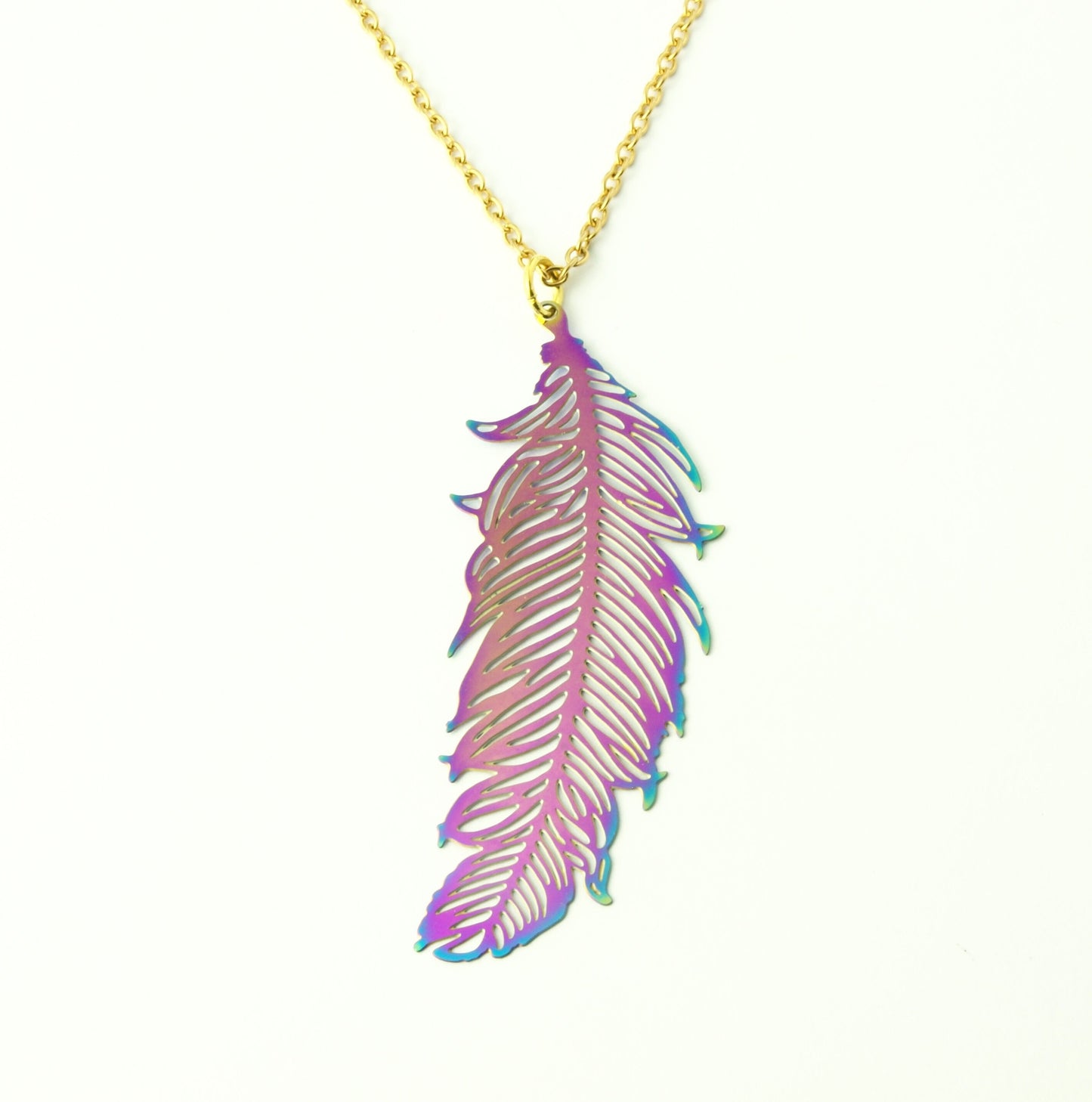 Kette Edelstahl bunte Feder Anhänger Vogel Flügel Engel golden Regenbogen