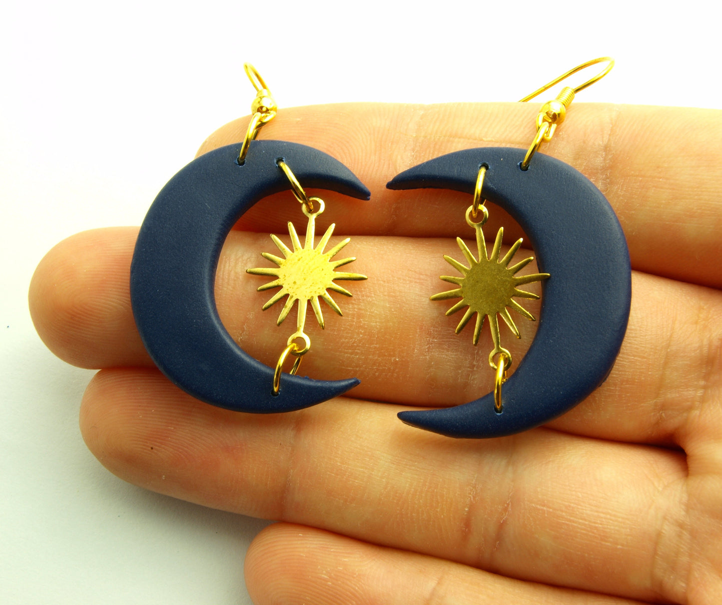 Statement Ohrringe Polymer Clay blau golden Mond Bogen Ohrhänger nach Wahl