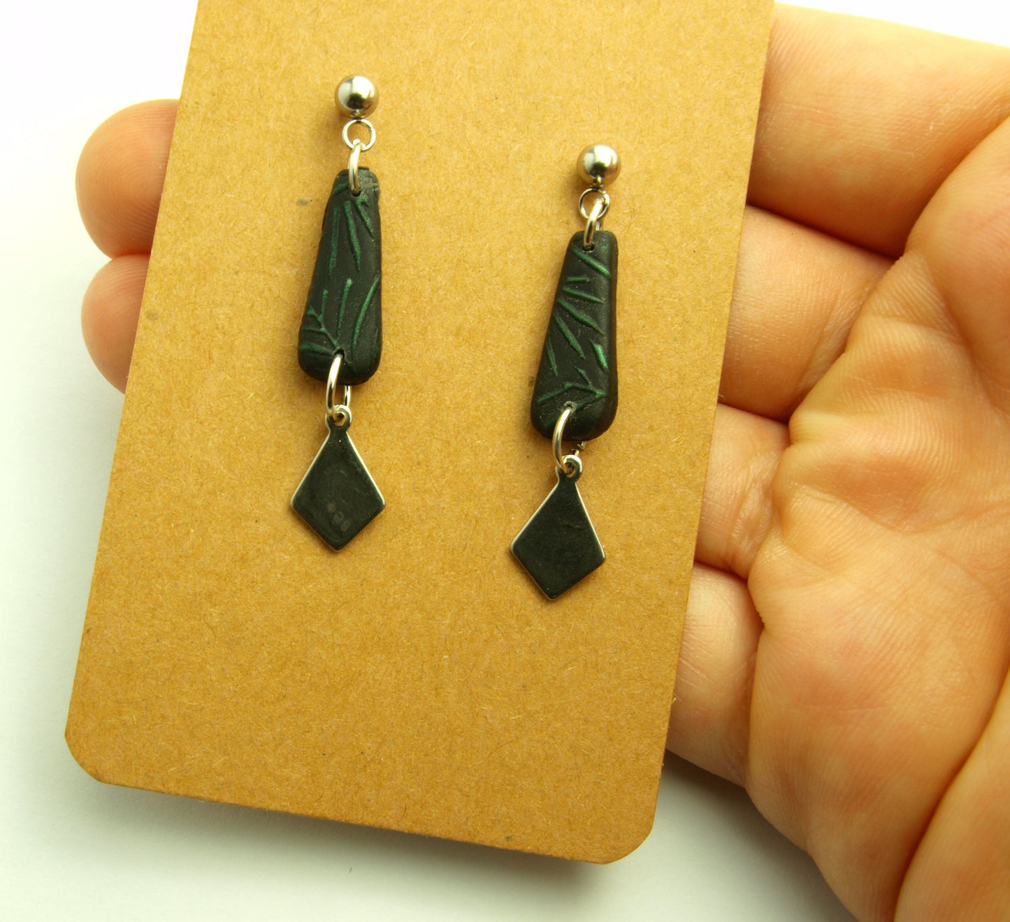 Statement Ohrringe Polymer Clay Blätter Muster grün schwarz ethno nach Wahl