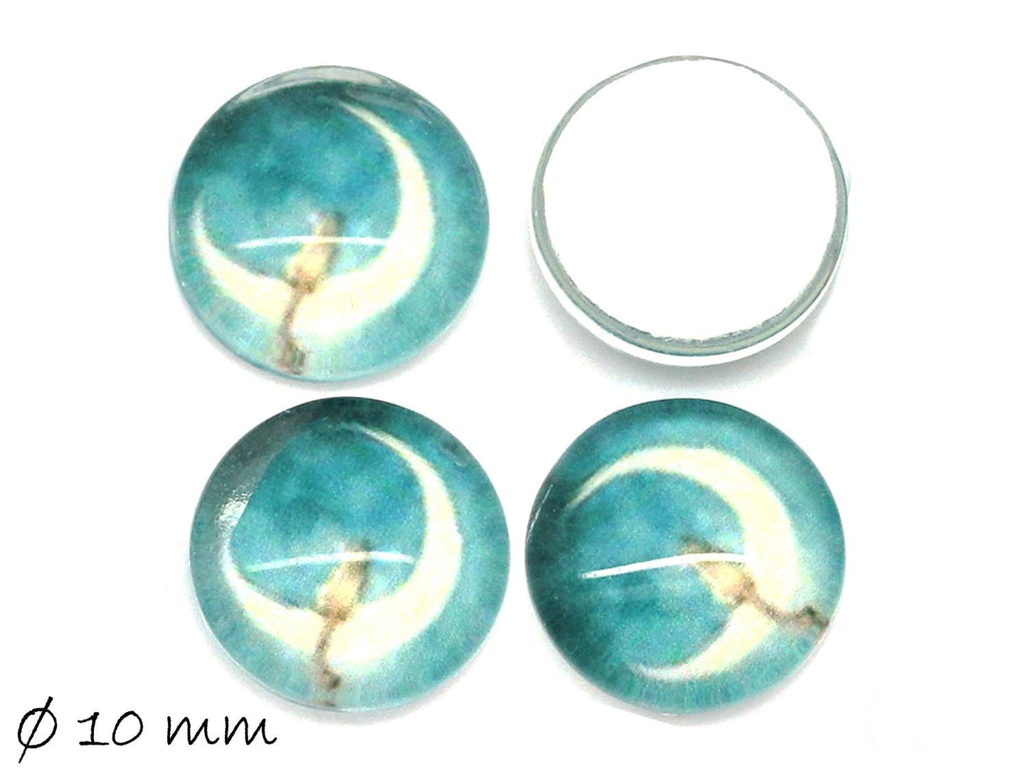 10 Stück beklebte Glas Cabochons, Katze auf Mondsichel, Ø 10 mm