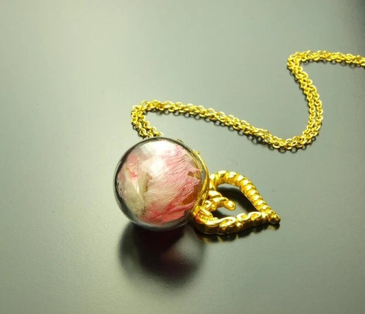 Echte getrocknete Blüten Kette Perle Glas rosa lila Muster nach Wahl silbern golden bronze